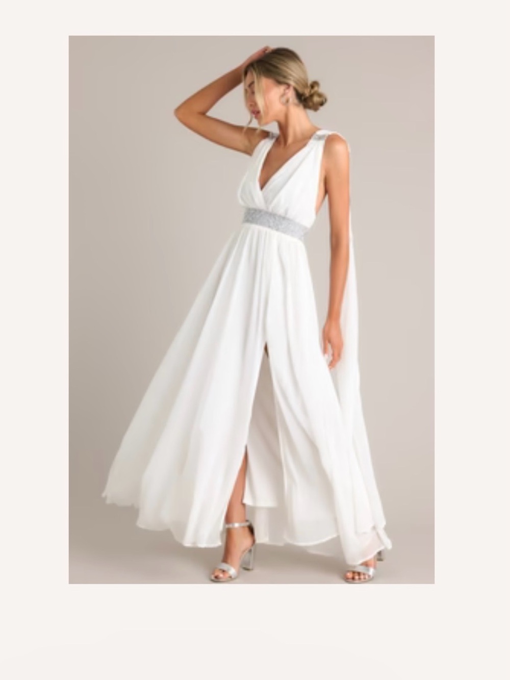 Red Dress Boutique White V-Neck Maxi Dress with Silver Waistband
